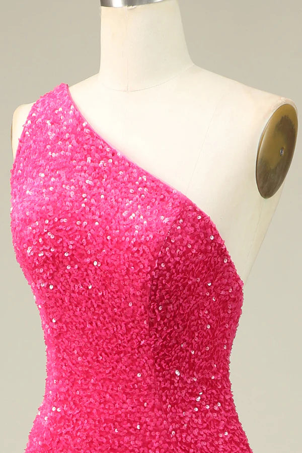 Mermaid One Shoulder Fuchsia Sequins Long Prom Dress with Split Front Simple gentle atmospheric and unique design