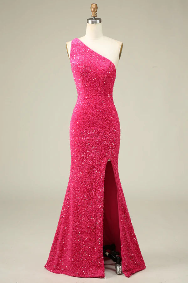 Mermaid One Shoulder Fuchsia Sequins Long Prom Dress with Split Front Simple gentle atmospheric and unique design