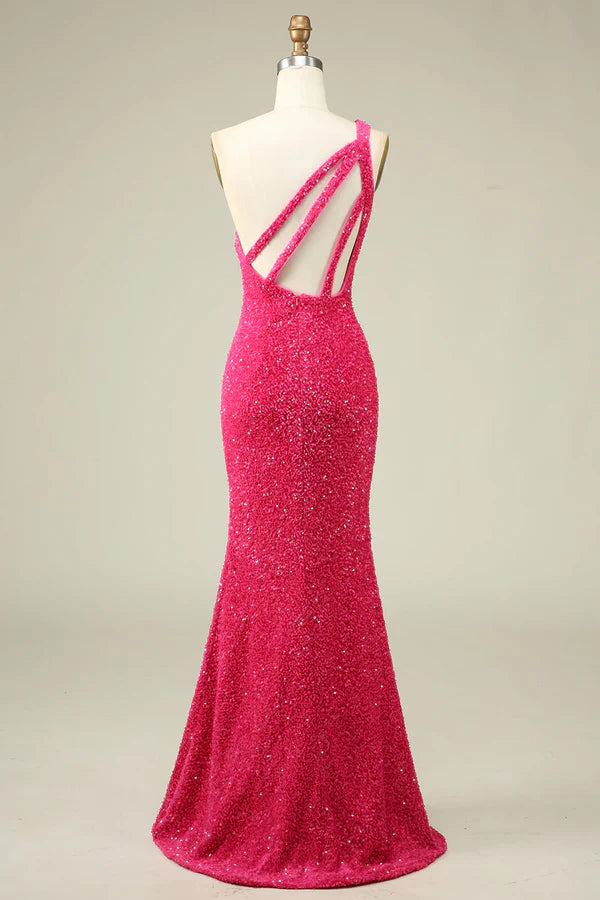 Mermaid One Shoulder Fuchsia Sequins Long Prom Dress with Split Front Simple gentle atmospheric and unique design