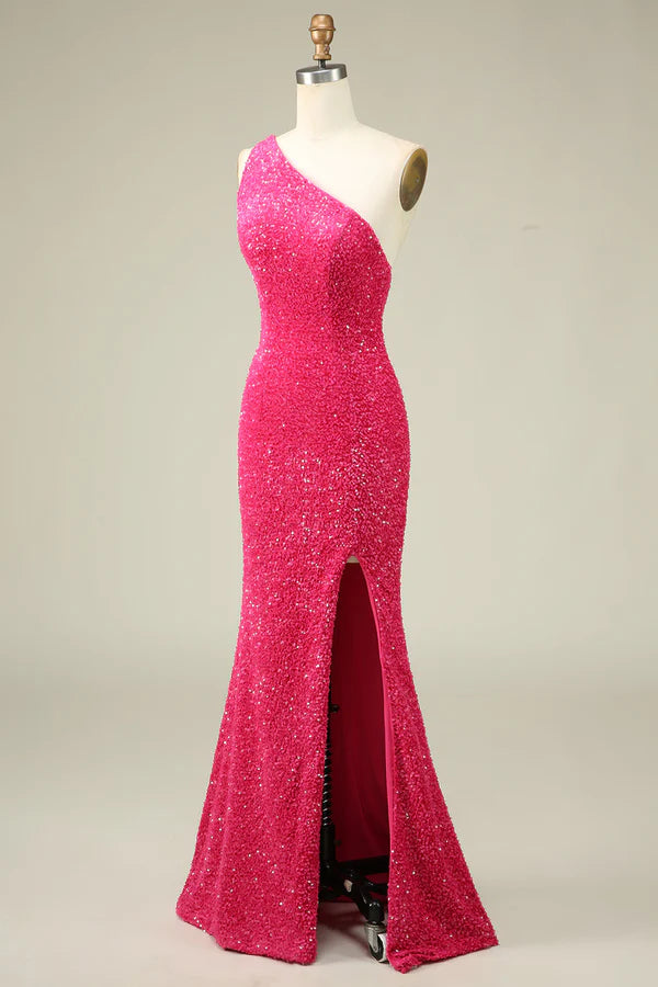 Mermaid One Shoulder Fuchsia Sequins Long Prom Dress with Split Front Simple gentle atmospheric and unique design