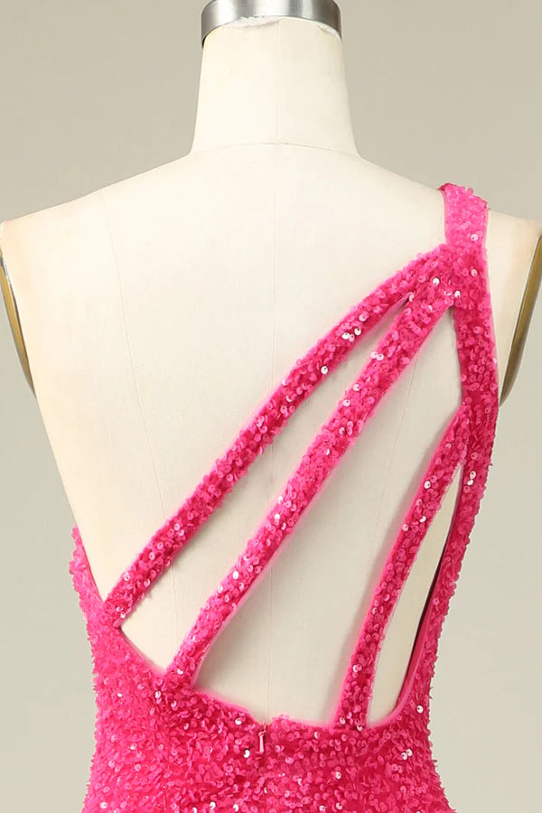 Mermaid One Shoulder Fuchsia Sequins Long Prom Dress with Split Front Simple gentle atmospheric and unique design