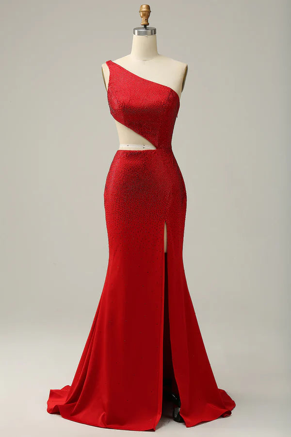 Mermaid One Shoulder Red Cut Out Prom Dress with Beading Simple gentle atmospheric and unique design ﻿