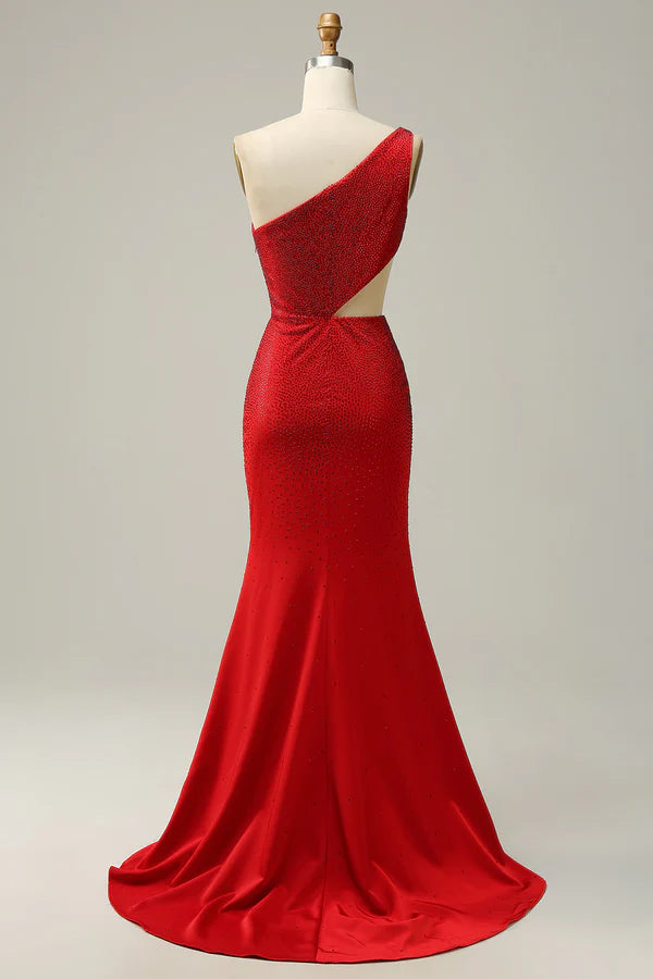Mermaid One Shoulder Red Cut Out Prom Dress with Beading Simple gentle atmospheric and unique design ﻿