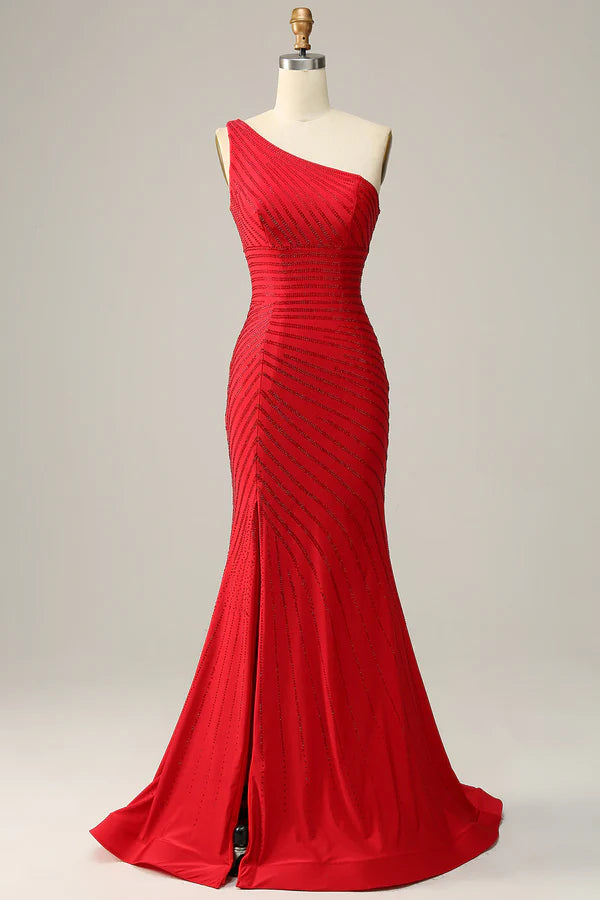 Mermaid One Shoulder Red Long Prom Dress with Beading Simple gentle atmospheric and unique design ﻿