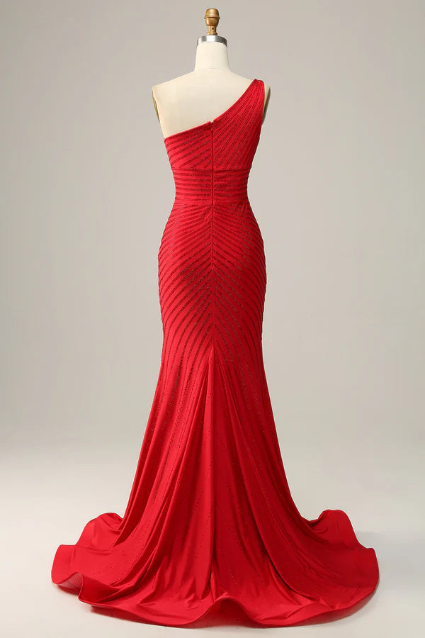 Mermaid One Shoulder Red Long Prom Dress with Beading Simple gentle atmospheric and unique design ﻿