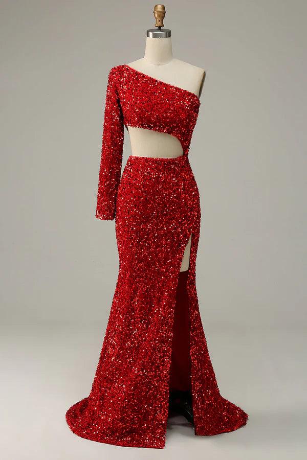 Mermaid One Shoulder Red Sequins Cut Out Prom Dress with Slit Front Simple gentle atmospheric and unique design