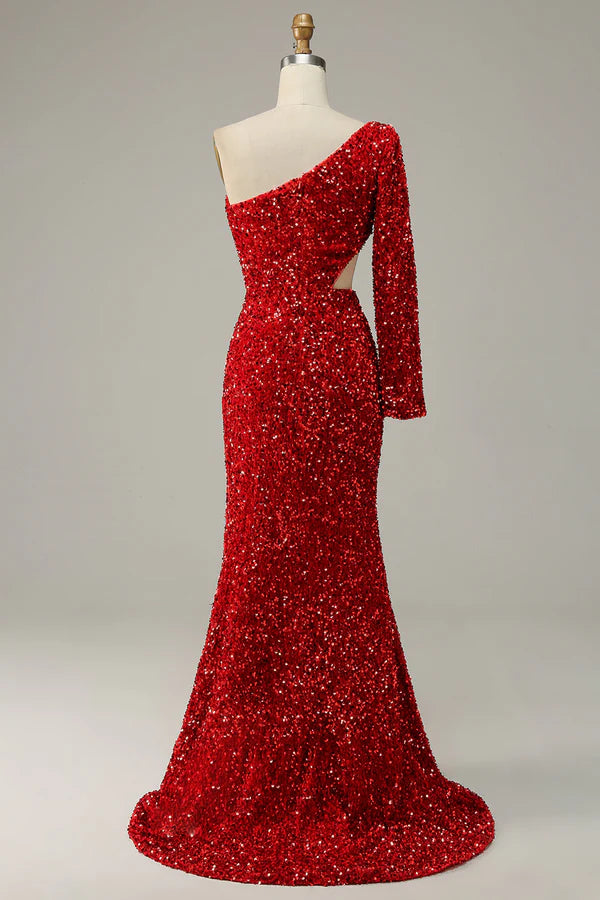 Mermaid One Shoulder Red Sequins Cut Out Prom Dress with Slit Front Simple gentle atmospheric and unique design