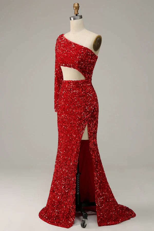 Mermaid One Shoulder Red Sequins Cut Out Prom Dress with Slit Front Simple gentle atmospheric and unique design