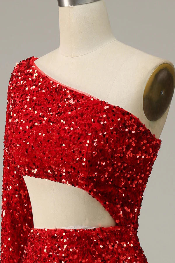 Mermaid One Shoulder Red Sequins Cut Out Prom Dress with Slit Front Simple gentle atmospheric and unique design
