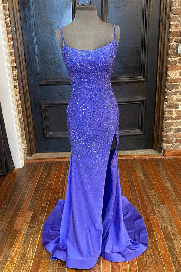Mermaid Purple Satin Sequins Long Prom Dress With Side Slit simple gentle atmospheric and unique desi Bring summer colors to enhance whiteness
