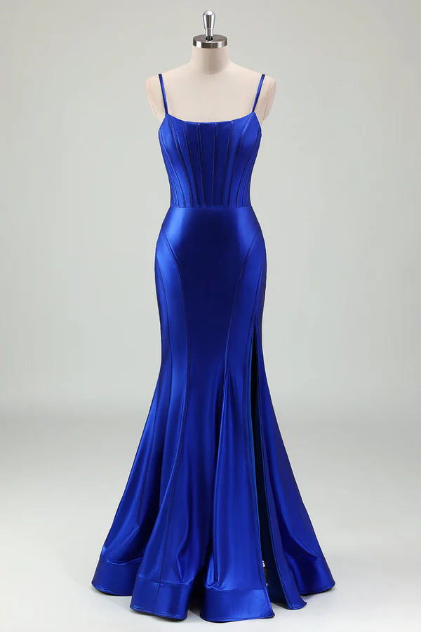 Mermaid Royal Blue Spaghetti Straps Long Prom Dress simple gentle atmospheric and unique desi Bring summer colors to enhance whiteness