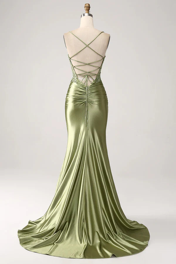 Mermaid Sage Spaghetti Straps Lace-up Back Prom Dress With Slit simple gentle atmospheric and unique desi