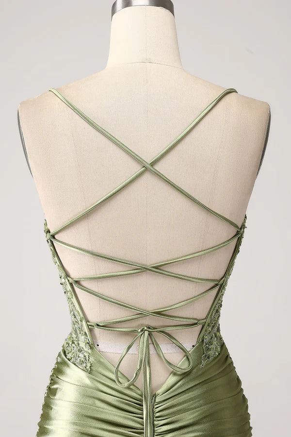 Mermaid Sage Spaghetti Straps Lace-up Back Prom Dress With Slit simple gentle atmospheric and unique desi