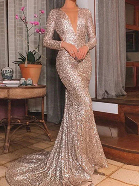 Mermaid Sequin V-neck Sweep/Brush Train Long Prom Dresses simple gentle atmospheric and unique desi Bring summer colors to enhance whiteness