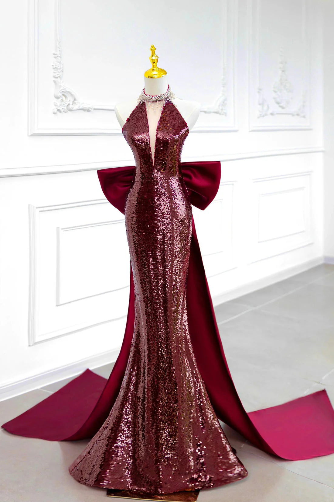 Mermaid Sequins Long Prom Dress Burgundy Backless Evening Party Dress simple gentle atmospheric and unique desi Brin