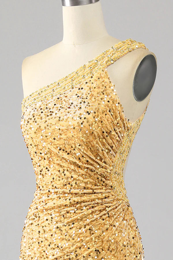 Mermaid Sequins One Shoulder Golden Prom Dress with Slit simple gentle atmospheric and unique desig