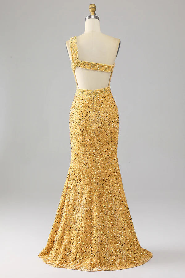 Mermaid Sequins One Shoulder Golden Prom Dress with Slit simple gentle atmospheric and unique desig
