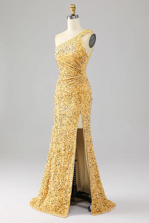Mermaid Sequins One Shoulder Golden Prom Dress with Slit simple gentle atmospheric and unique desig