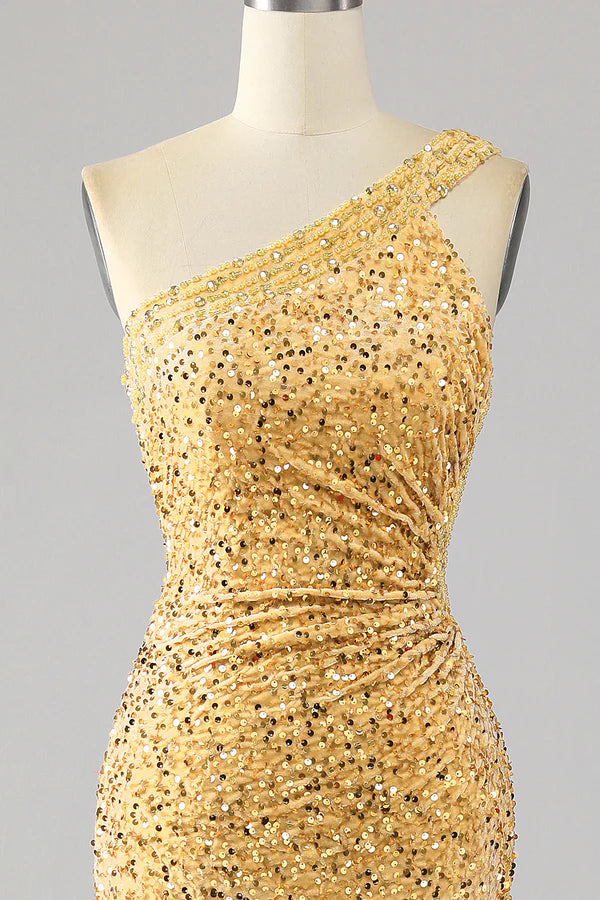 Mermaid Sequins One Shoulder Golden Prom Dress with Slit simple gentle atmospheric and unique desig