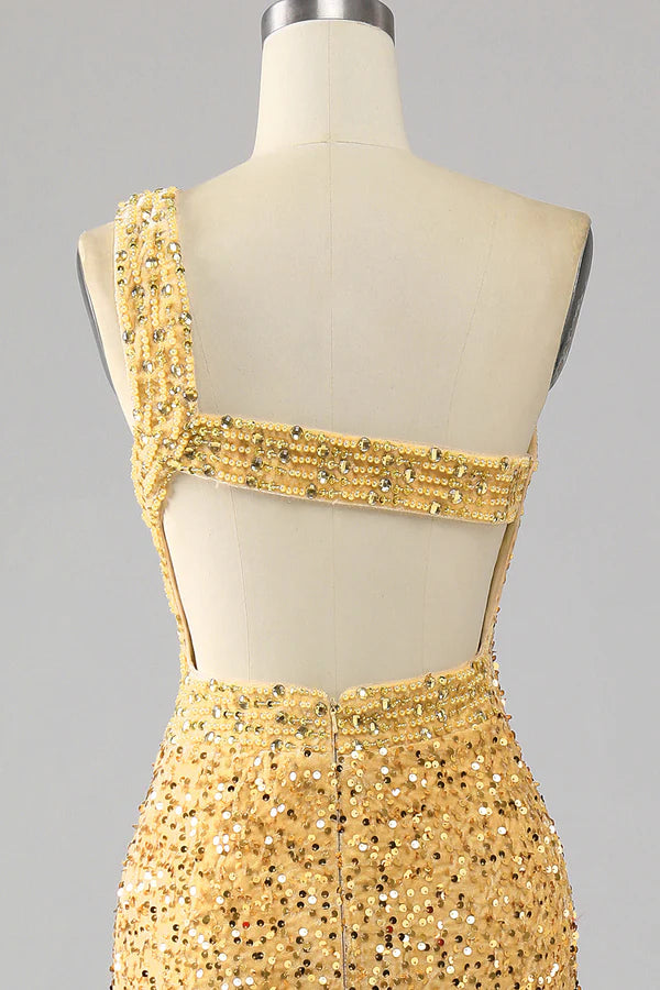 Mermaid Sequins One Shoulder Golden Prom Dress with Slit simple gentle atmospheric and unique desig