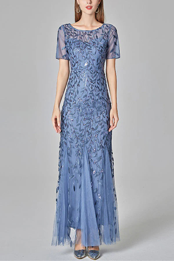 Mermaid Short Sleeves Blue Prom Dress Simple gentle atmospheric and unique design