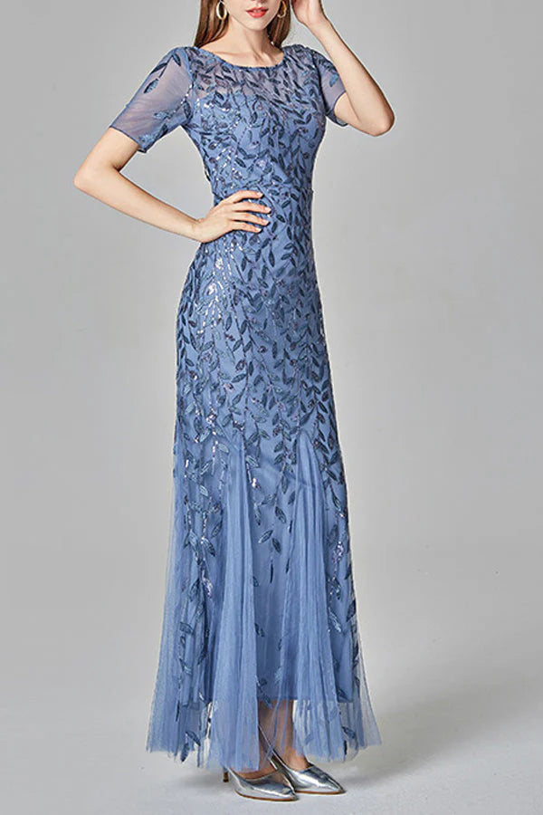 Mermaid Short Sleeves Blue Prom Dress Simple gentle atmospheric and unique design