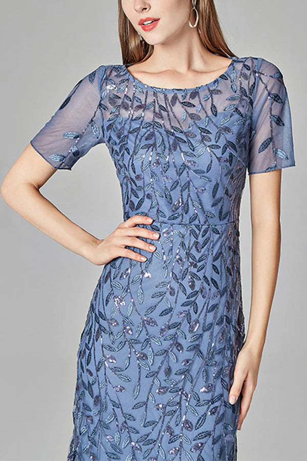 Mermaid Short Sleeves Blue Prom Dress Simple gentle atmospheric and unique design