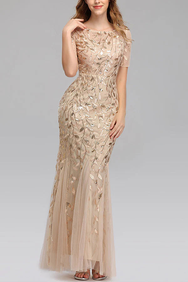 Mermaid Short Sleeves champagne Prom Dress Simple gentle atmospheric and unique design