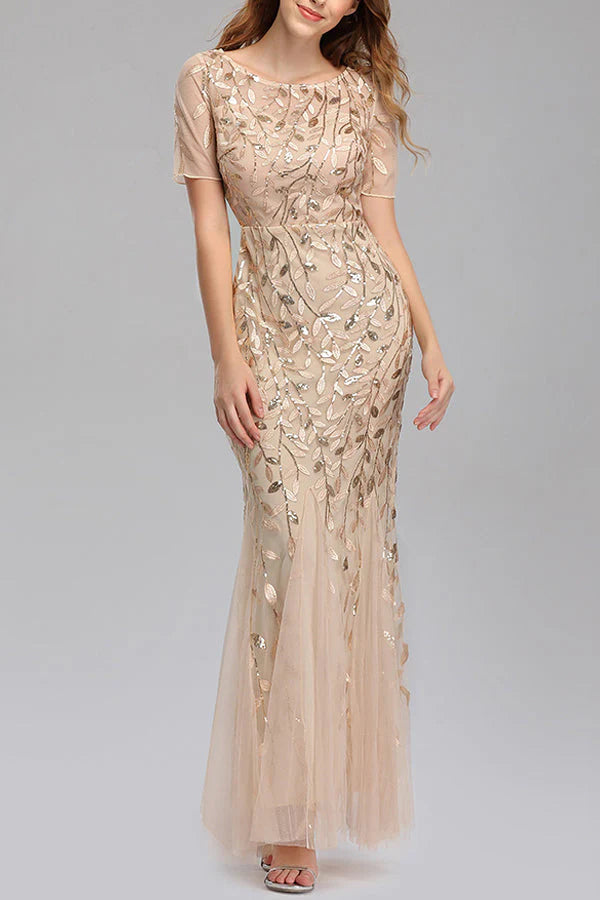 Mermaid Short Sleeves champagne Prom Dress Simple gentle atmospheric and unique design