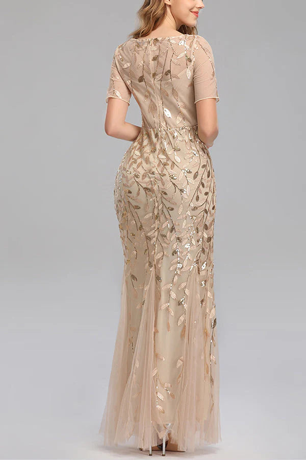 Mermaid Short Sleeves champagne Prom Dress Simple gentle atmospheric and unique design