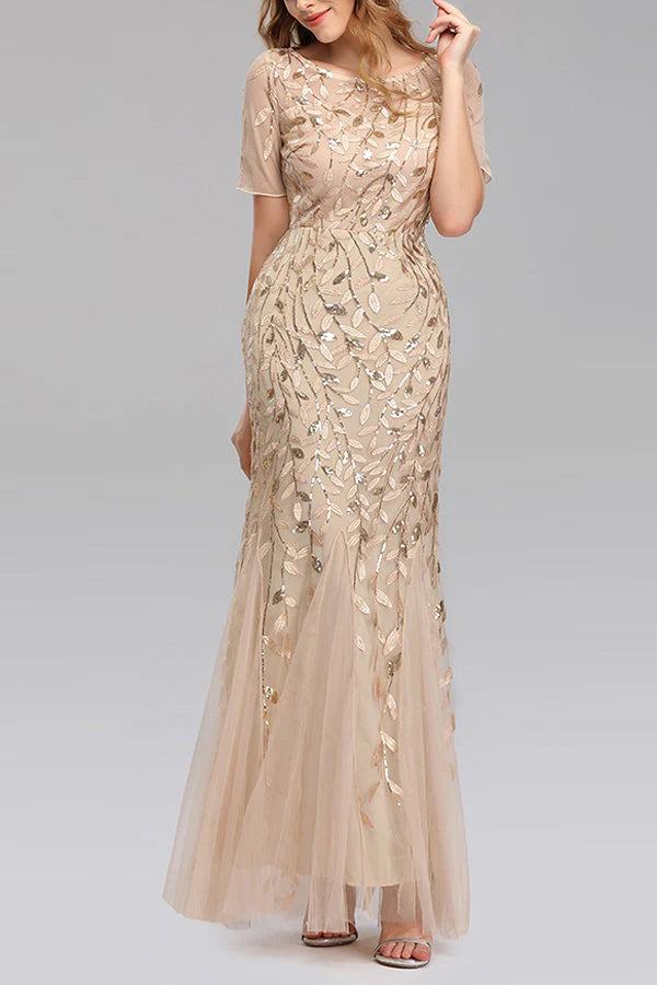 Mermaid Short Sleeves champagne Prom Dress Simple gentle atmospheric and unique design