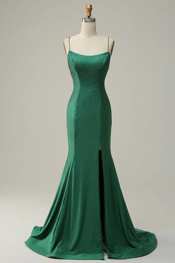 Mermaid Halter Dark Green Long Prom Dress with Appliques Beading Mermaid Spaghetti Straps Dark Green Long Prom Dress with Beadingand unique design