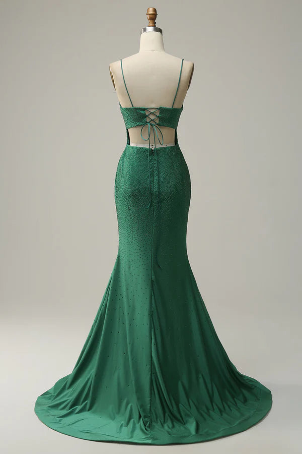 Mermaid Halter Dark Green Long Prom Dress with Appliques Beading Mermaid Spaghetti Straps Dark Green Long Prom Dress with Beadingand unique design