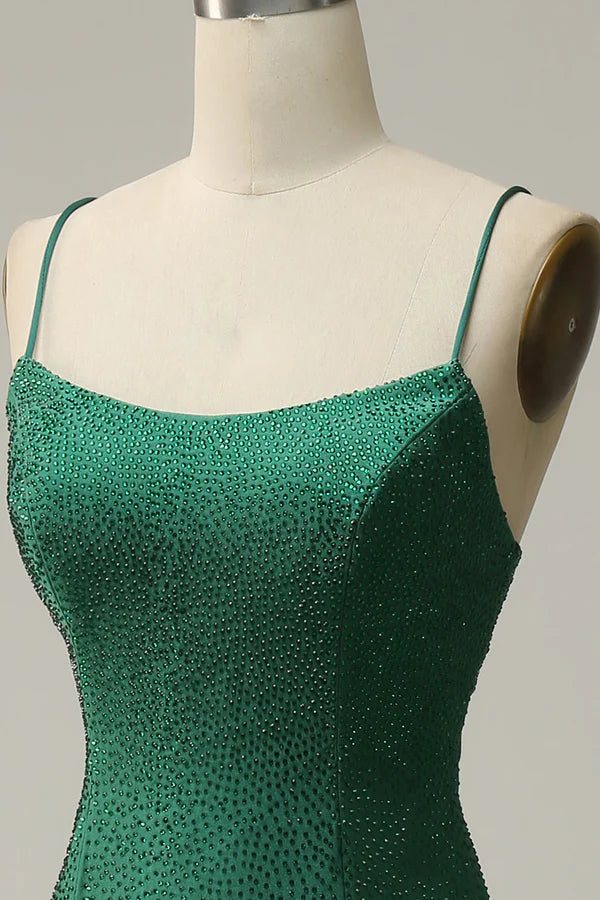Mermaid Halter Dark Green Long Prom Dress with Appliques Beading Mermaid Spaghetti Straps Dark Green Long Prom Dress with Beadingand unique design