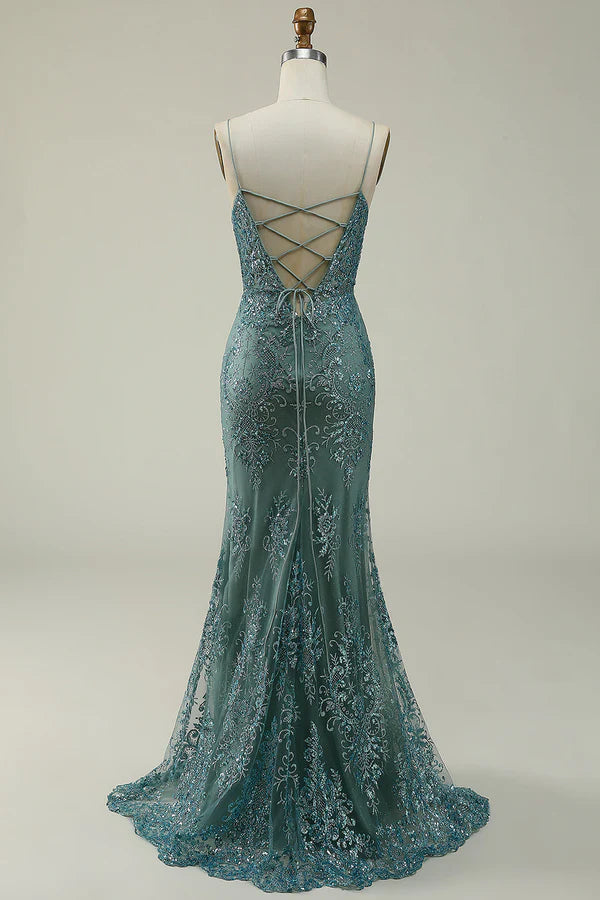 Mermaid Spaghetti Straps Green Long Prom Dress with Split Front Simple gentle atmospheric and unique design ﻿