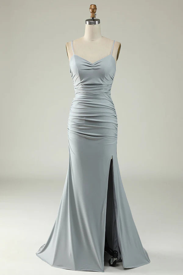 Mermaid Spaghetti Straps Grey Plus Size Prom Dress with Criss Cross Back Simple gentle atmospheric and unique design ﻿