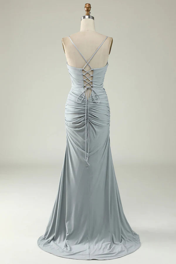 Mermaid Spaghetti Straps Grey Plus Size Prom Dress with Criss Cross Back Simple gentle atmospheric and unique design ﻿