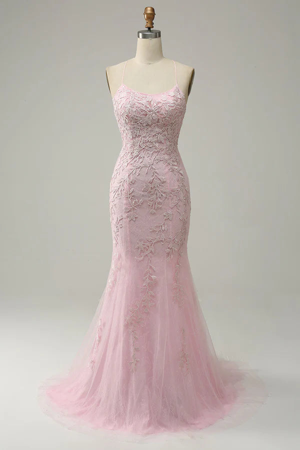 Mermaid Spaghetti Straps Light Pink Long Prom Dress with Appliques Simple gentle atmospheric and unique design ﻿