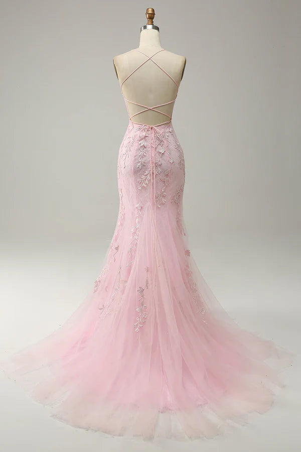 Mermaid Spaghetti Straps Light Pink Long Prom Dress with Appliques Simple gentle atmospheric and unique design ﻿