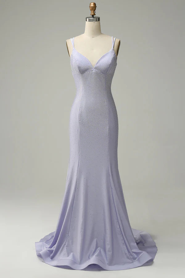 Mermaid Spaghetti Straps Lilac Long Prom Dress with Backless Simple gentle atmospheric and unique design ﻿