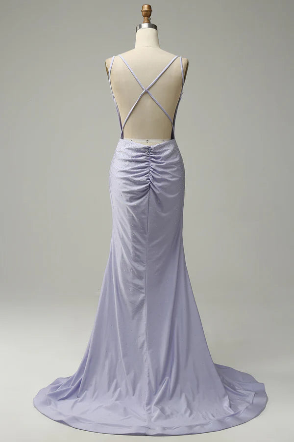 Mermaid Spaghetti Straps Lilac Long Prom Dress with Backless Simple gentle atmospheric and unique design ﻿