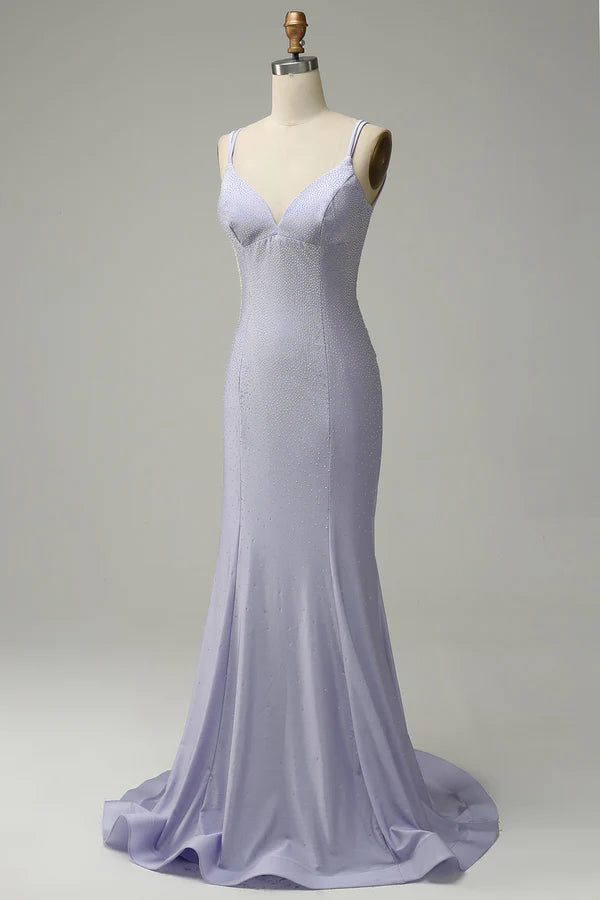Mermaid Spaghetti Straps Lilac Long Prom Dress with Backless Simple gentle atmospheric and unique design ﻿