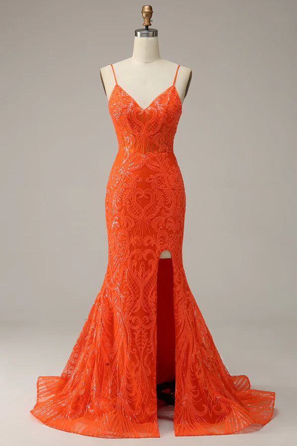Mermaid Spaghetti Straps Orange Long Prom Dress with Split Front Simple gentle atmospheric and unique design ﻿