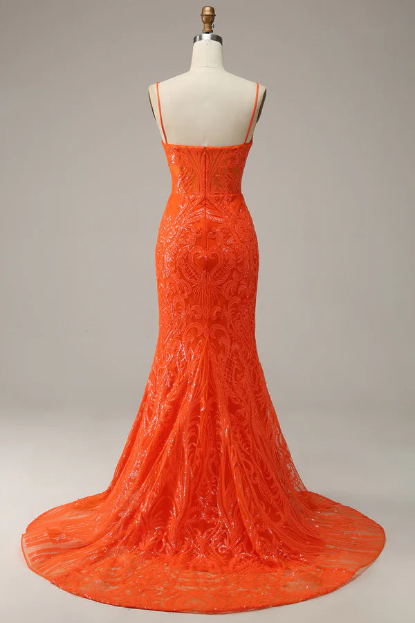 Mermaid Spaghetti Straps Orange Long Prom Dress with Split Front Simple gentle atmospheric and unique design ﻿