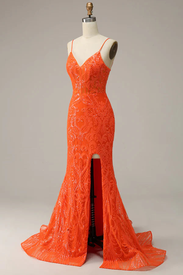 Mermaid Spaghetti Straps Orange Long Prom Dress with Split Front Simple gentle atmospheric and unique design ﻿