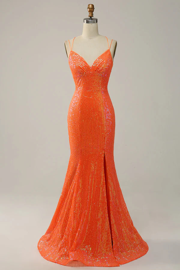 Mermaid Spaghetti Straps Orange Sequins Prom Dress with Split Front Simple gentle atmospheric and unique design ﻿