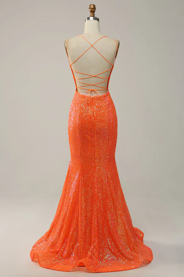 Mermaid Spaghetti Straps Orange Sequins Prom Dress with Split Front Simple gentle atmospheric and unique design ﻿