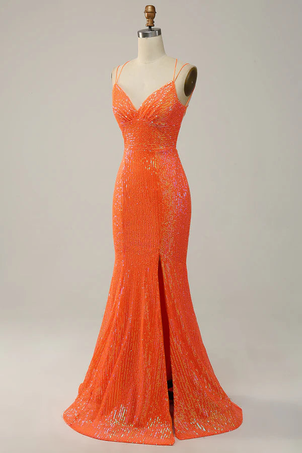 Mermaid Spaghetti Straps Orange Sequins Prom Dress with Split Front Simple gentle atmospheric and unique design ﻿