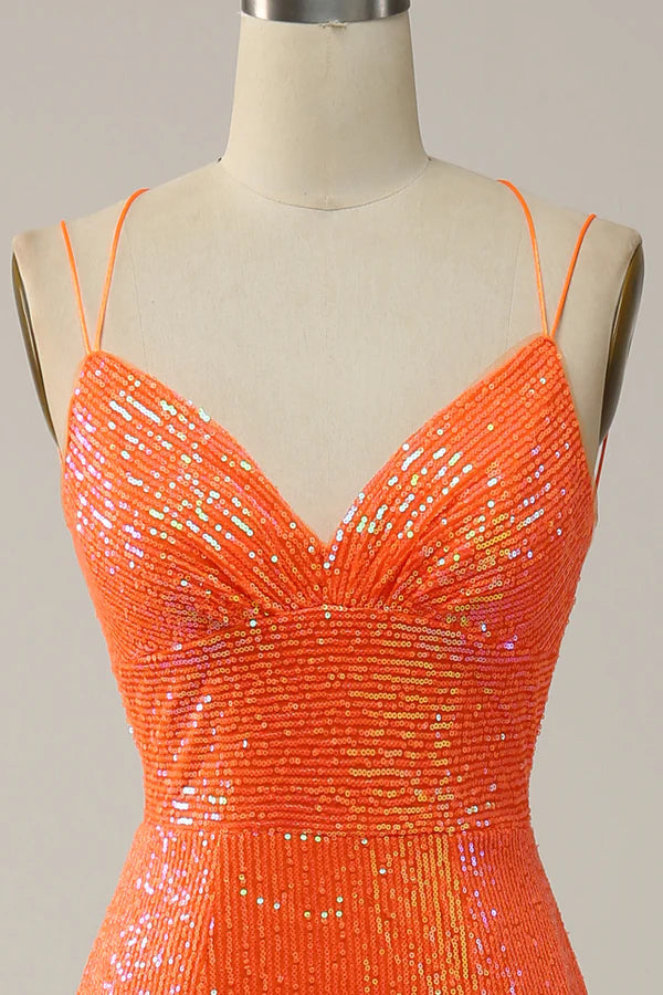 Mermaid Spaghetti Straps Orange Sequins Prom Dress with Split Front Simple gentle atmospheric and unique design ﻿