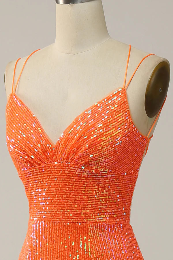 Mermaid Spaghetti Straps Orange Sequins Prom Dress with Split Front Simple gentle atmospheric and unique design ﻿